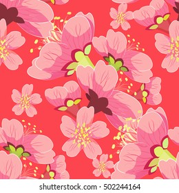 seamless pattern of blossoming buds Chinese cherry on a red background vector illustration