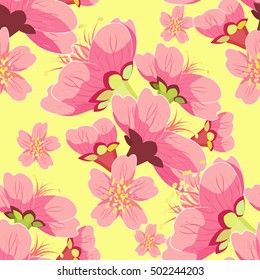 seamless pattern of blossoming buds Chinese cherry on a yellow background vector illustration