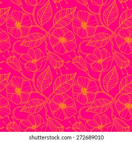 Seamless pattern with blossoming cherry branches. Branches with buds, leaves and flowers. Hand Draw