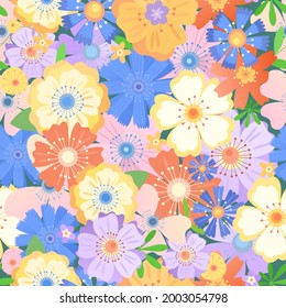 seamless pattern of blossoming flowers.  chicory, wild rose, cornflower and other forest and wildflowers.  vector illustration.