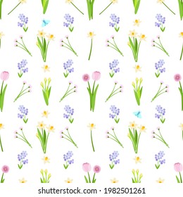 patrón impecable de floración de daffodils aromáticos y tulipanes rosados, lilac olvido-me-nots, con mariposas azules revoloteadoras. ilustración vectorial.
