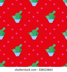 Seamless pattern with blossoming green cactus in a pot in the Mexican style on a bright red background