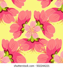 seamless pattern of blossoming Japanese and Chinese cherries macro on a yellow background vector illustration