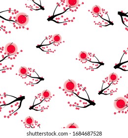 Patrón sin problemas con ramas sakura florecientes y el sol sobre un fondo blanco. Vector plano. Uso para tejidos, textiles, servilletas, embalaje, papel pintado, diseño web.