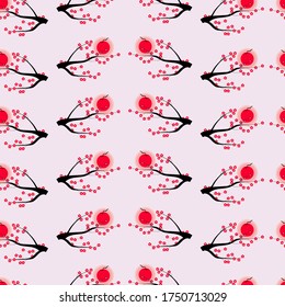 Seamless pattern with blossoming sakura branches and the sun on a pink background. Vector flat. Use for fabric, textile, napkins, packaging, wallpaper, web design.