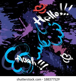 Seamless pattern with blots, ink splashes and hand written text HELLO. Abstract background for design in grunge style. Ready to use as swatch.