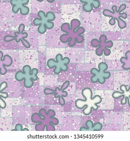 Seamless pattern.
Blots like amoebas with a drawn outline are scattered in random order on an abstract background.