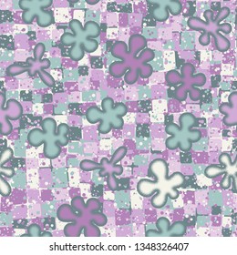 Seamless pattern.
Blots like amoebas with a drawn outline are scattered in random order on an abstract background.