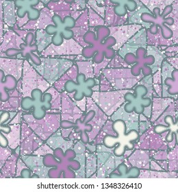 Seamless pattern.
Blots like amoebas with a drawn outline are scattered in random order on an abstract background.