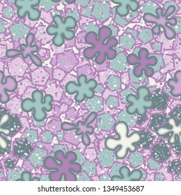 Seamless pattern.
Blots like amoebas with a drawn outline are scattered in random order on an abstract background.