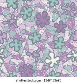 Seamless pattern.
Blots like amoebas with a drawn outline are scattered in random order on an abstract background.