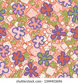 Seamless pattern.
Blots like amoebas with a drawn outline are scattered in random order on an abstract background.