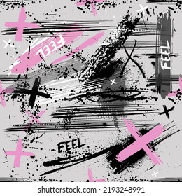 Seamless pattern of blots, stripes, text, splashes, crosses, spots. Pink, gray, white and black colors.