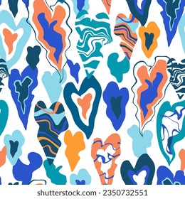 Nahtloses Muster blau mit abstrakten, handgezeichneten Herzen. Kreative Wellenherzen Textur.Vektorhintergrund für Gewebe, Textilien, Tapeten, digitale Papiere.
