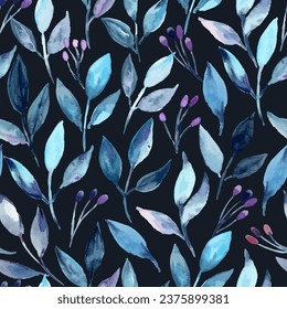 Seamless pattern with blue abstract leaves and floral buds. Watercolor hand-drawn illustration.