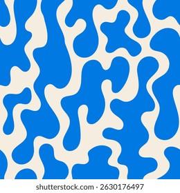 Seamless pattern with blue abstract silhouette organic shapes. Vector flat background in minimalist boho style. Wavy liquid distorted shapes