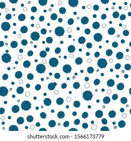 Seamless pattern with blue abstract spots, snowballs, blots. Vector illustration for the design of the winter season, festive Christmas background, banner, template.