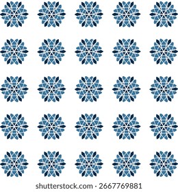Seamless pattern. Pattern of blue abstract star or snowflake shapes on a white background. This design is repeating and symmetrical, suitable for fabric, wallpaper, or digital backgrounds.