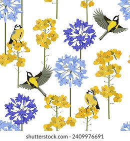 Seamless pattern. Blue agapanthus flower pattern and titmouse on a white background. This pattern can be used for printing on textiles, wallpaper and other surfaces.