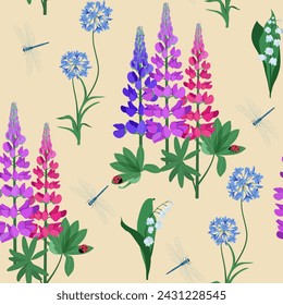 Seamless pattern. Blue agapanthus flower pattern, lupines, ladybirds and dragonflies on a beige background. This pattern can be used for printing on textiles, wallpaper and other surfaces. svg