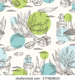 Seamless pattern with blue agave: blue agave plant, soap and bath salt . Cosmetic and medical plant. Vector hand drawn illustration. 