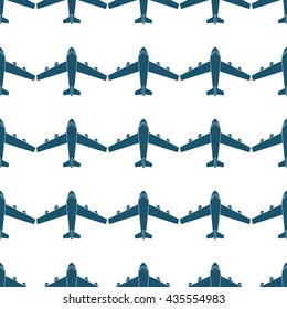 Seamless pattern with blue airplanes on white background. Vector illustration