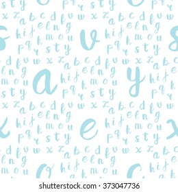 Seamless pattern with blue alphabet letters on white background. Vector illustration for web, textile, scrapbooking and other design projects.