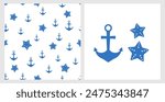 Seamless pattern with blue anchor and star fish on white background. Anchor and star fish icon sign isolated on white background vector.