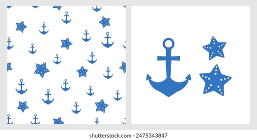 Patrón sin fisuras con ancla azul y estrella de mar sobre fondo blanco. Ancla y estrella de la señal del icono del pez aislado en el Vector de fondo blanco.