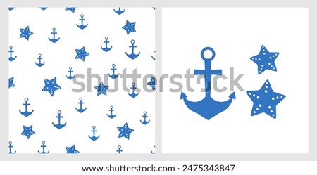 Seamless pattern with blue anchor and star fish on white background. Anchor and star fish icon sign isolated on white background vector.