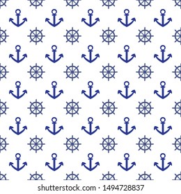 Seamless pattern with blue anchor and wheel on a white background. Marine print for textile, clothing, wallpaper, scrapbooking. Nautical vector illustration