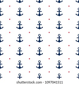 Seamless pattern with the blue anchors and red circles on the white background. Vector illustration. 