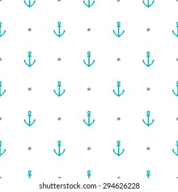 Seamless pattern. Blue anchors and small stones on white background. Vector illustration.