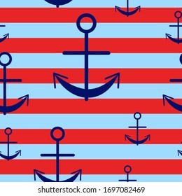 Seamless pattern with blue anchors and striped background. Simple graphic flat. Sea and ocean. Maritime equipment. Ship and boat. For postcards, scrapbooking, wallpaper textile and wrapping paper