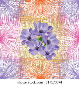 Seamless pattern with blue anemone flowers on grunge striped and checkered colorful background