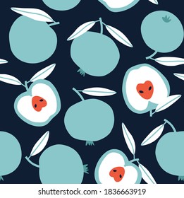 Seamless pattern of blue apple and half of apple background elements on a dark blue background. Colorful background texture for kitchen, wallpaper, textile, fabric, paper. Vegan food pattern.