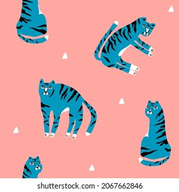 Seamless pattern with blue aqua tigers. Vector illustration of wild animals new year symbol.