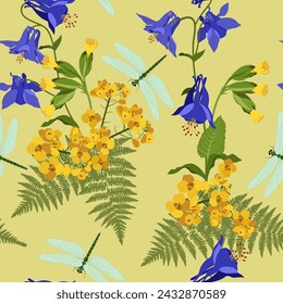 Seamless pattern. Blue aquilegia flower pattern and dragonflies on a beige background. This pattern can be used for printing on textiles, wallpaper and other surfaces.