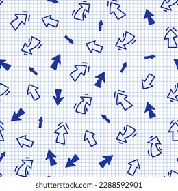 Seamless pattern with blue arrows on a checkered background in doodle style.