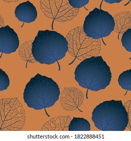Seamless pattern with blue aspen leaves on an orange background