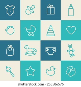 Seamless pattern. Blue, azure and cream colors. Thin line icons of baby items. Also for printing on paper and fabric. 