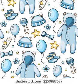 Seamless pattern with blue baby clothes and accessories for baby boy. Hand drawn vector background. 