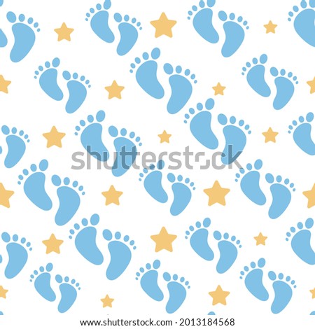 seamless pattern with blue baby foot prints and yellow stars