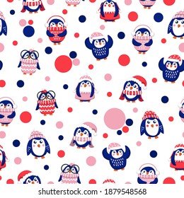 Seamless pattern with blue baby penguins wearing pink, red and white sweaters, hats and scarfs. White background. Cute and funny. Merry Christmas. Wallpaper, textile, scrapbooking and wrapping paper