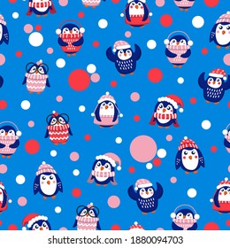 Seamless pattern with blue baby penguins wearing pink, red and white sweaters, hats and scarfs. White background. Cute and funny. Merry Christmas. Wallpaper, textile, scrapbooking and wrapping paper