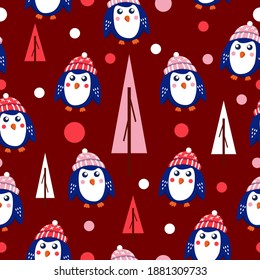 Seamless pattern with blue baby penguins wearing pink, red and white hats. White background. Fir trees and snow. Cute and funny. Merry Christmas. Wallpaper, textile, scrapbooking and wrapping paper