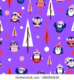 Seamless pattern with blue baby penguins wearing pink, red and white sweaters, hats and scarfs. Violet background. Fir trees. Merry Christmas. Wallpaper, textile, scrapbooking and wrapping paper