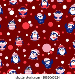Seamless pattern with blue baby penguins wearing pink, red and white sweaters, hats and scarfs. Maroon background. Cute and funny. Merry Christmas. Wallpaper, textile, scrapbooking and wrapping paper