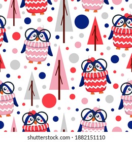 Seamless pattern blue baby penguins in pink, red, white hats and sweaters. Clever child in glasses. White background. Fir trees. Merry Christmas. Wallpaper, textile, scrapbooking and wrapping paper