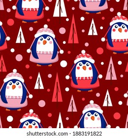 Seamless pattern with blue baby penguins wearing pink, red and white sweaters, hats and skirts. Maroon background. Fir trees. Merry Christmas. Wallpaper, textile, scrapbooking and wrapping paper